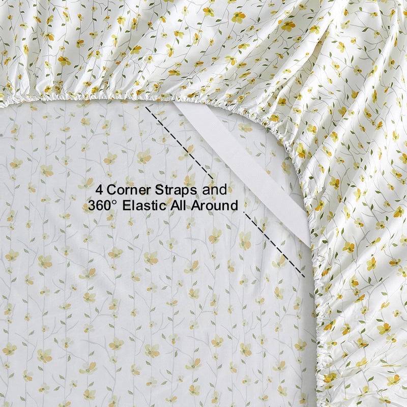 Softan Yellow Floral Bed Sheets Full Flower Printed Sheets - Patterned Microfiber Fitted Sheets Full with 15" Deep Pocket & Non-Slip Straps, Cute Flower Sheets & Pillowcase Set - Image 2